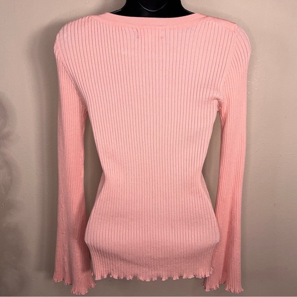 Small Bongo Pink Ribbed Long Bell Sleeve Sweater Knit Pastel Lettuce Trim - Picture 4 of 16